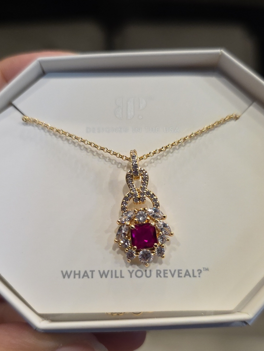 Gold-Plated Necklace with Vivid Pink Cushion Crystal Pendant